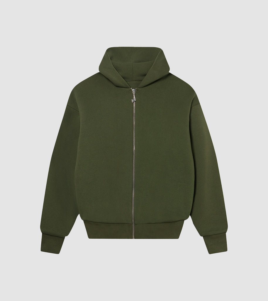 Perplex | Double-Layered, Oversized Olive Zip Hoodie – Perplex